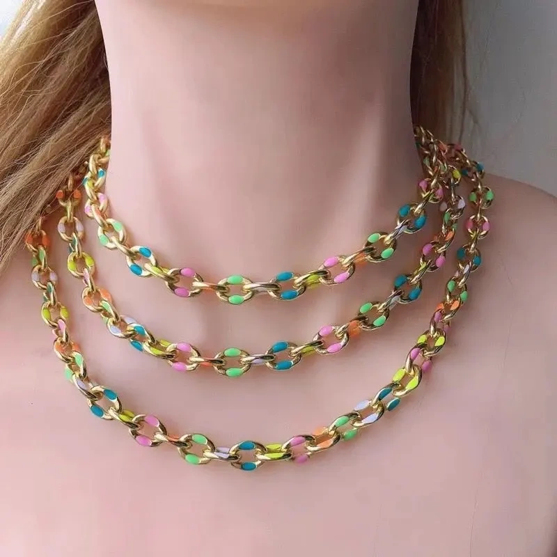 Colourful Metal Paper Clip Chunky Oval Chain , Oil Dropped, Plated With Real Gold,Not Easy To Tarnish ,1 Meter Long