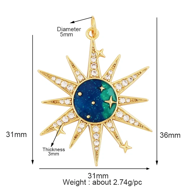 New Trendy Shining Space Sun Moon Star Charm Pendant,18K Gold Inlaid Cubic Zirconia Jewelry Necklace Bracelet Making Supply L44