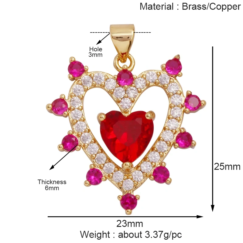 Trendy Colourful Zircon Love Heart Charm Pendant,18K Gold Plated Necklace Bracelet DIY Handmade Jewelry Making Supplies K57