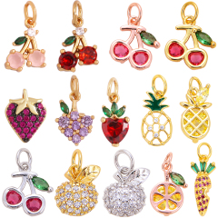 Mini Cute Colourful Zircon Cherry Strawberry Grape Fruit Charm Pendant,Sweet 18K Gold Plated Brass Necklace for Jewelry Findings M34