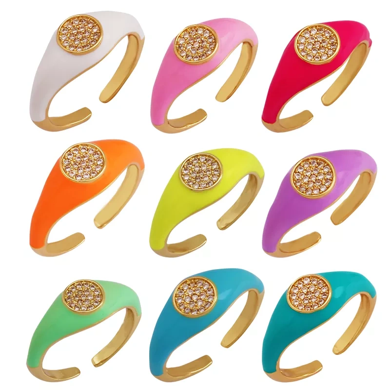 Trendy Colourful Enamel Coated Zircon Finger Ring,Simple Neon Multicolor Brass Gold Plated Rings Charm Jewelry Findings Supply