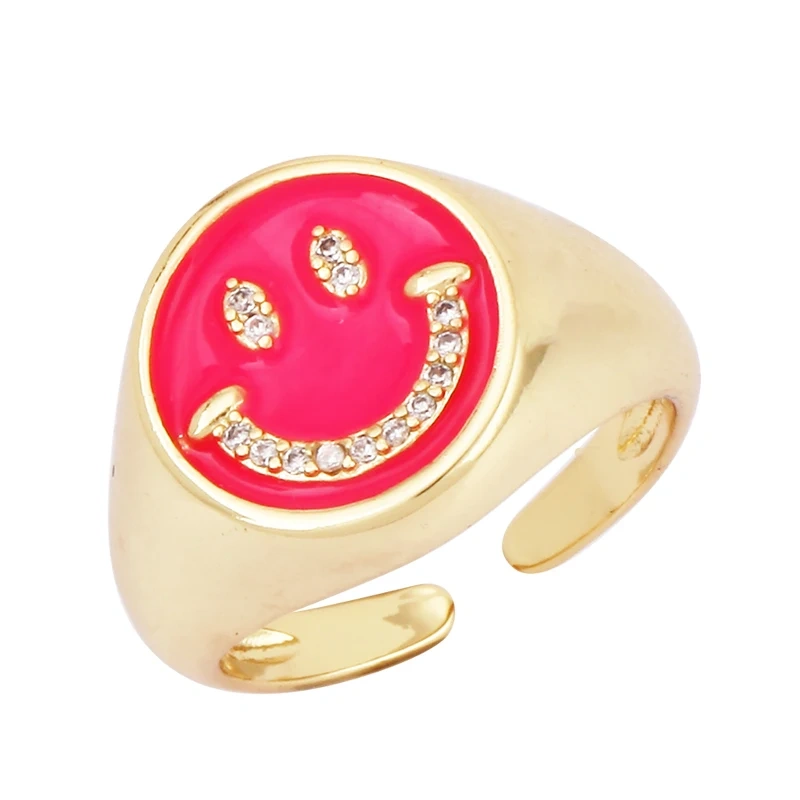 Happy Face  Enamel Finger Ring, Neon Pink Orange Blue Pendant Oil Dropped, Sweet Romantic Party Jewelry Wholesale