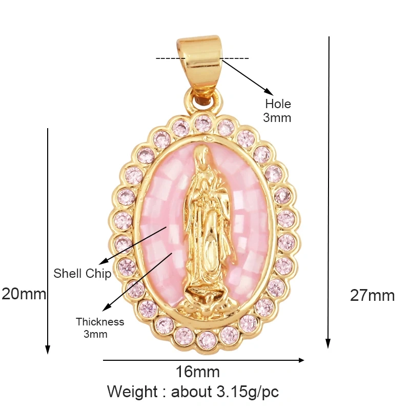 Religion Style Virgin Mary Gold Plated Inlaid Shell Chips Charm Pendant, Jewelry Necklace Accessories Hand Making Supplies L49