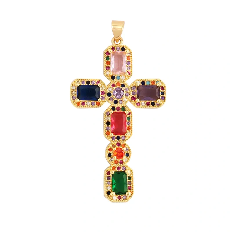 Religions Gold Plated Rainbow Cubic Zirconia CZ Paved Pearl Cross Charm Pendant,Jewelry Necklace Bracelet Accessories Supply M51