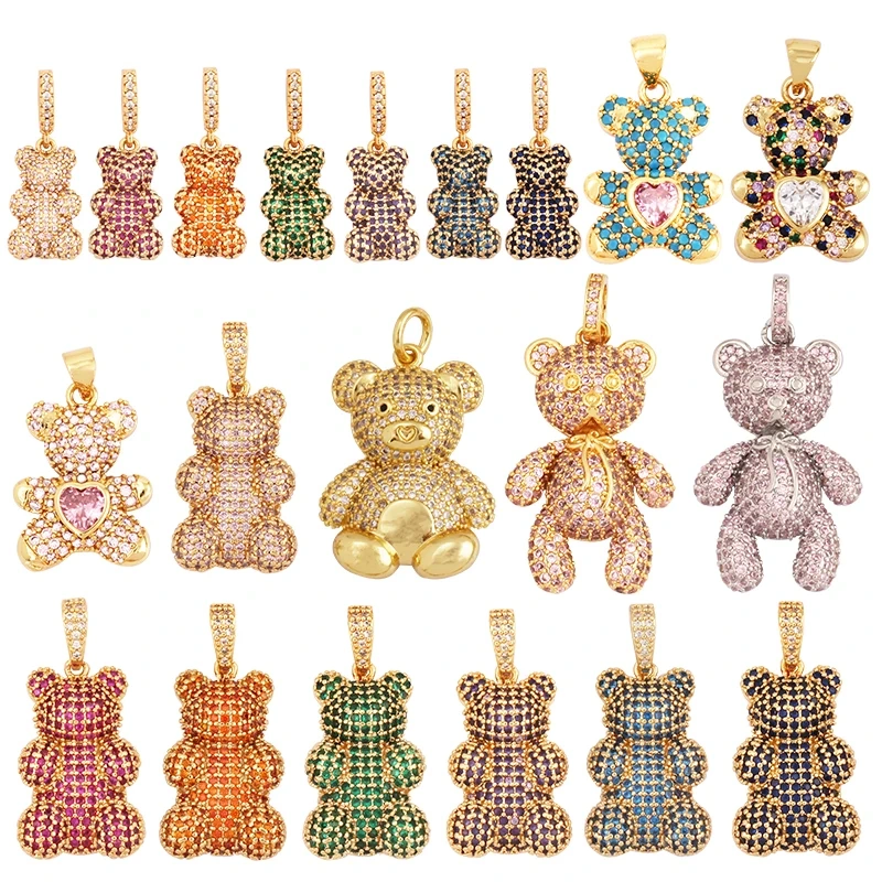 Luxury Fine Inlaid Rainbow Cubic Zironia Charm Pendant,Cute Bear Jewelry Necklace Bracelet Making Wholesale Supplies M85