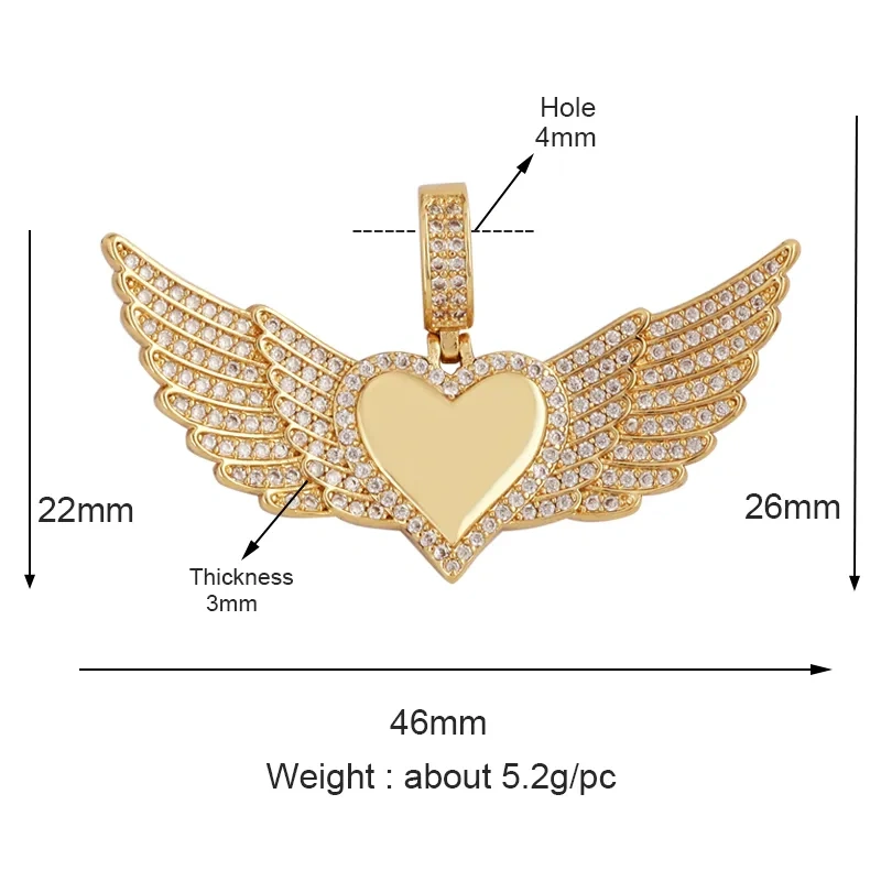 Classics Love Heart Zircon Focal Charm Pendant,Creative Angel Wings 18K Real Gold Plated Jewelry Findings Accessories Supply L27