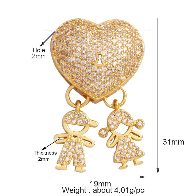 Trendy Love Heart Boy Girl Mama Cubic Zirconia Charm Pendant,18K Gold Necklace Bracelet for DIY Handmade Jewelry Supplies M61