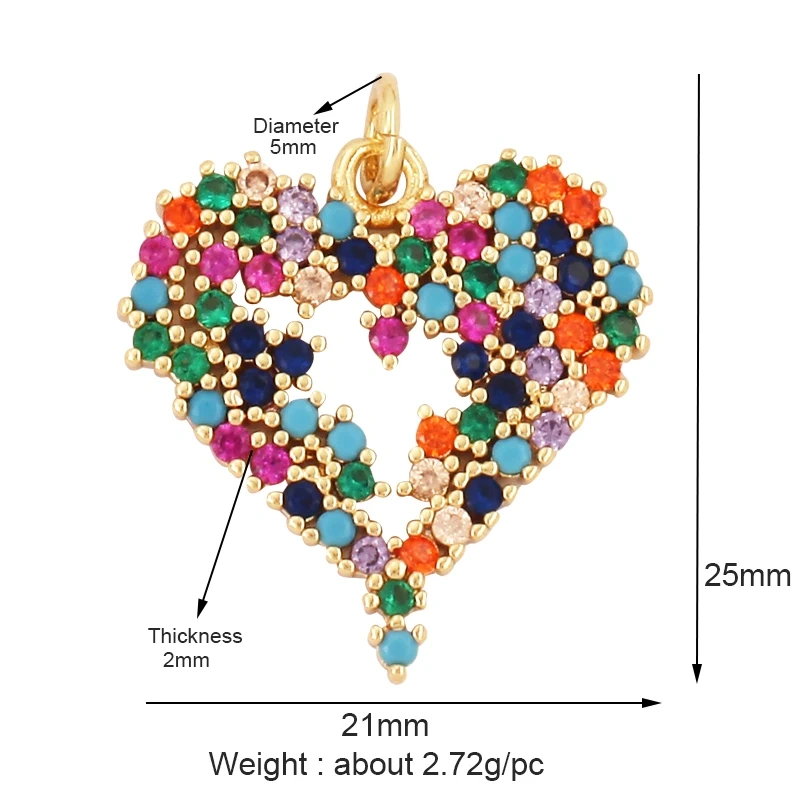 Classics Love Heart Cubic Zirconia Charm Pendant,Fashion Heart Shape Hollow 18K Gold Plated Colourful Craft Jewelry Supply L38