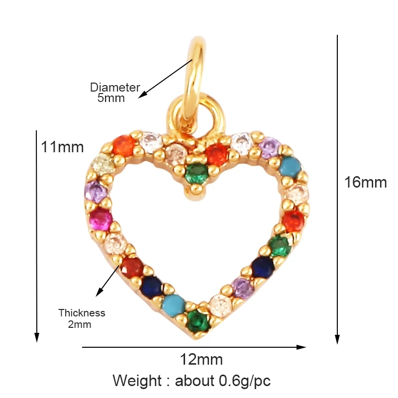 Colour Rainbow CZ Heart Wing Charm Pendant,Cubic Zirconia Paved Pink Blue,18K Real Gold Plated Colour,Craft jewelry Supplies L38