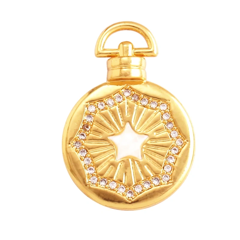 Round Coin Brass Gold Plated Inlaid Shell Chips Star Moon Charm Pendant, Jewelry Necklace Accessories Hand Making Supplies L49
