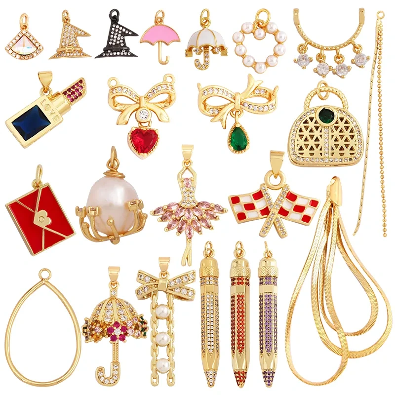 Trendy Umbrella Lipstick Handbag Charm Pendant,18K Gold Plated Cubic Zirconia Necklace Jewelry Findings Accessories Supplies M67