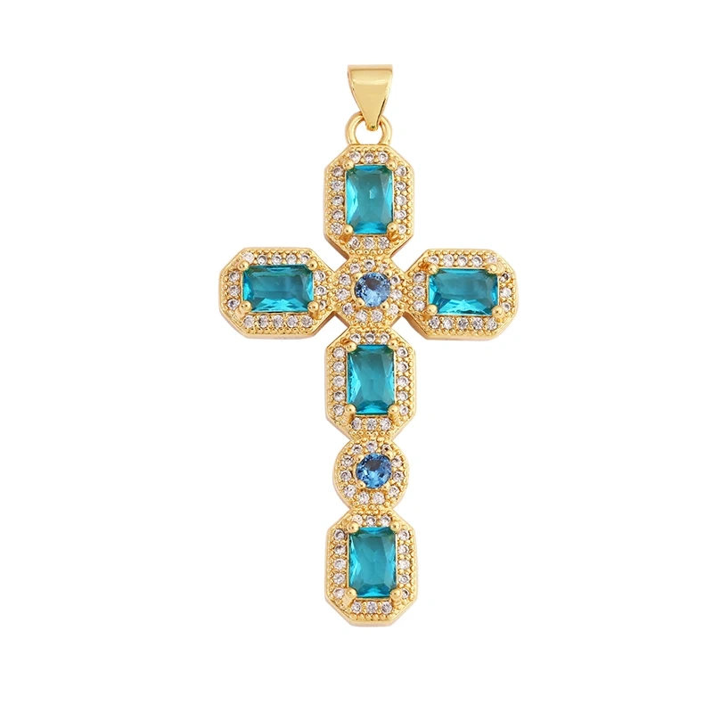 Religions Gold Plated Rainbow Cubic Zirconia CZ Paved Pearl Cross Charm Pendant,Jewelry Necklace Bracelet Accessories Supply M51