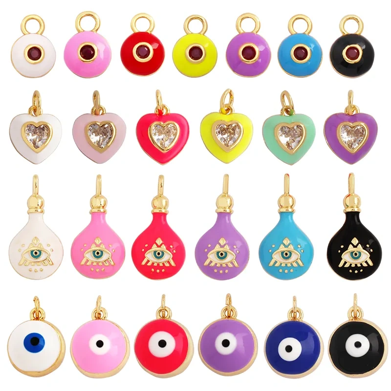 Love Heart Round Bell Lucky Evil Eye Geometry Style Charm Pendant,Trendy Colourful Enamel Zircon Necklace Accessice Supplies M65