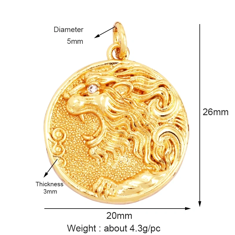 Unique Fine Tortoise Snake Owl Lion Disc Animal Charm Pendant,Cute 18K Gold Necklace Bracelet for Handmade Jewelry Supplies L21