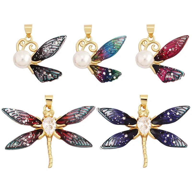 Trendy Acrylic Pearl Cubic Zirconia Butterfly Dragonfly Charm Pendant,Insect Animal Jewelry Necklace Making Accessories M79