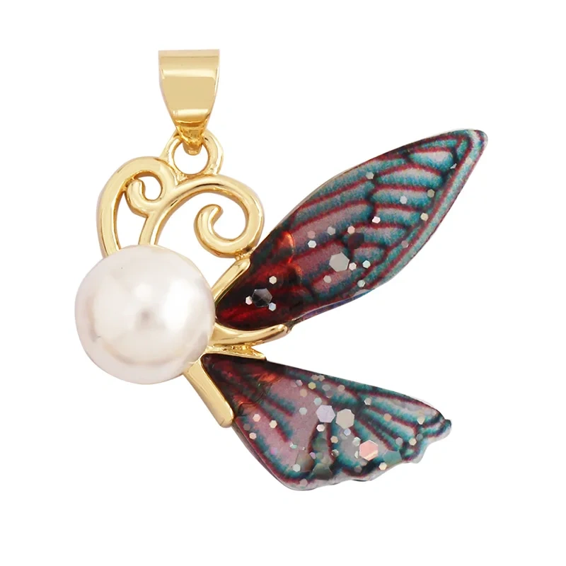 Trendy Acrylic Pearl Cubic Zirconia Butterfly Dragonfly Charm Pendant,Insect Animal Jewelry Necklace Making Accessories M79