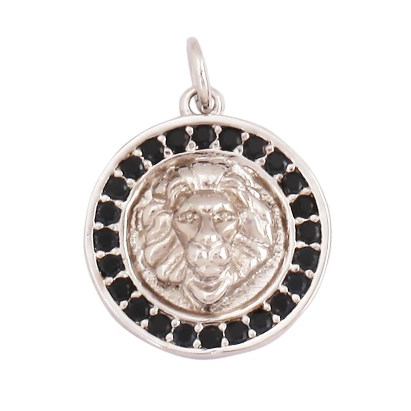 Lion Head  Dual Plating Charm Pendant for mens necklace/bracelet, Micro Pave black Cubic Zirconia Charms in Silver/Gold/Gunmetal Colour Q13