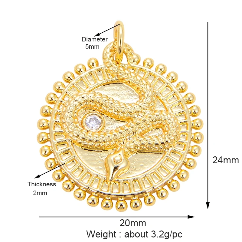 Cross Snake Charm Gold medallion Coin Pendant, Round Disc Micro Pave Serpent Snake Jewelry for Necklace Component M64