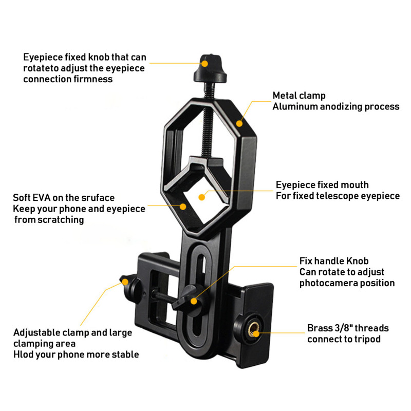 Astromania Universal Cell Phone Adapter Mount Support Binocular Monocular Spotting Scope Telescope and Microscope Optical Device - Black