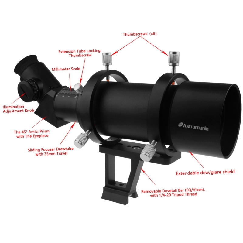 Astromania 10x60 Finder Scope + Guide Scope 45° angled with illuminated reticle eyepiece