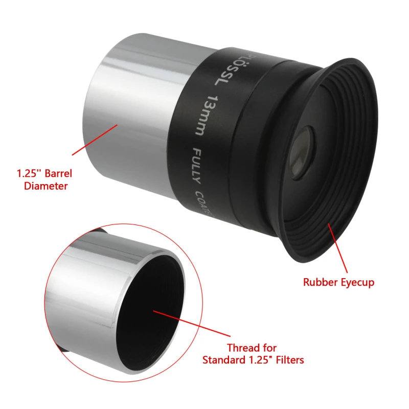 Astromania 1.25&quot; 13mm Plossl Telescope Eyepiece - 4-element Plossl Design - Threaded for Standard 1.25inch Astronomy Filters