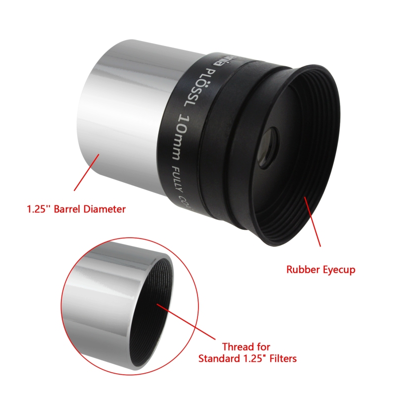 Astromania 1.25" 10mm Plossl Telescope Eyepiece - 4-element Plossl Design - Threaded for Standard 1.25inch Astronomy Filters