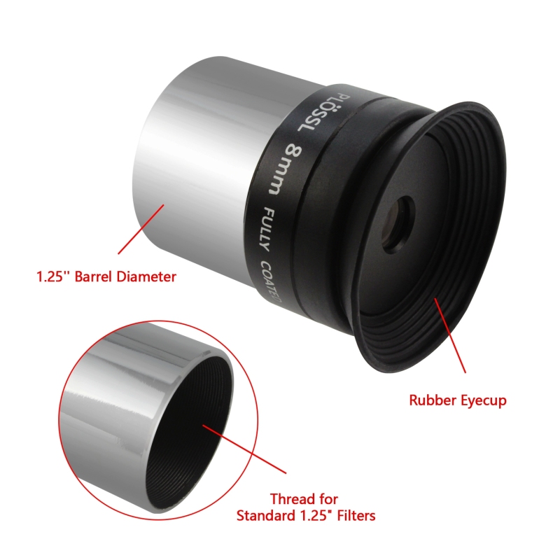 Astromania 1.25&quot; 8mm Plossl Telescope Eyepiece - 4-element Plossl Design - Threaded for Standard 1.25inch Astronomy Filters