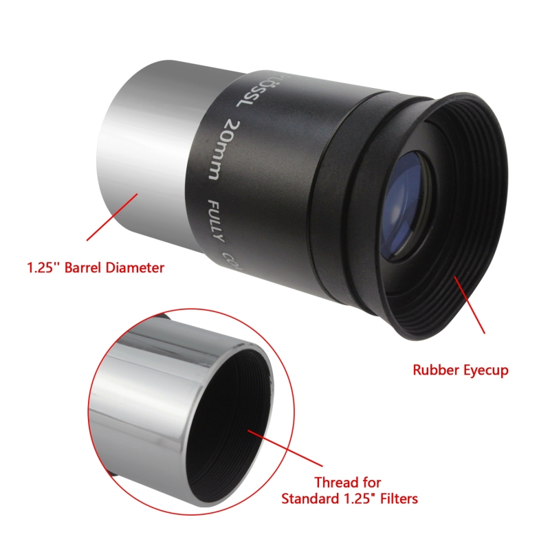 Astromania 1.25&quot; 20mm Plossl Telescope Eyepiece - 4-element Plossl Design - Threaded for Standard 1.25inch Astronomy Filters