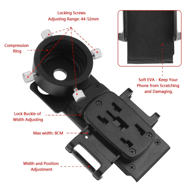 Astromania Smartphone iPhone Adapter with T2 Thread and Eyepiece Adapter 44 - 52mm - for photography with telescopes and spotting scope or binoculars