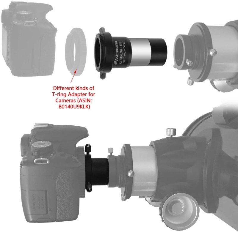 Astromania 1.25" Latest 2X Barlow Lens MultiCoated Metal with M42x0.75 Thread Camera Interface for Telescopes