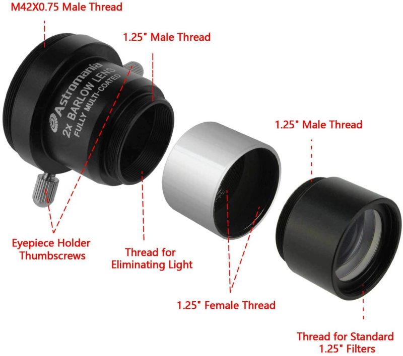 Astromania 1.25" Latest 2X Barlow Lens MultiCoated Metal with M42x0.75 Thread Camera Interface for Telescopes