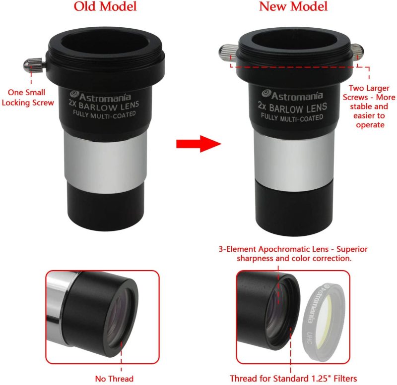 Astromania 1.25" Latest 2X Barlow Lens MultiCoated Metal with M42x0.75 Thread Camera Interface for Telescopes