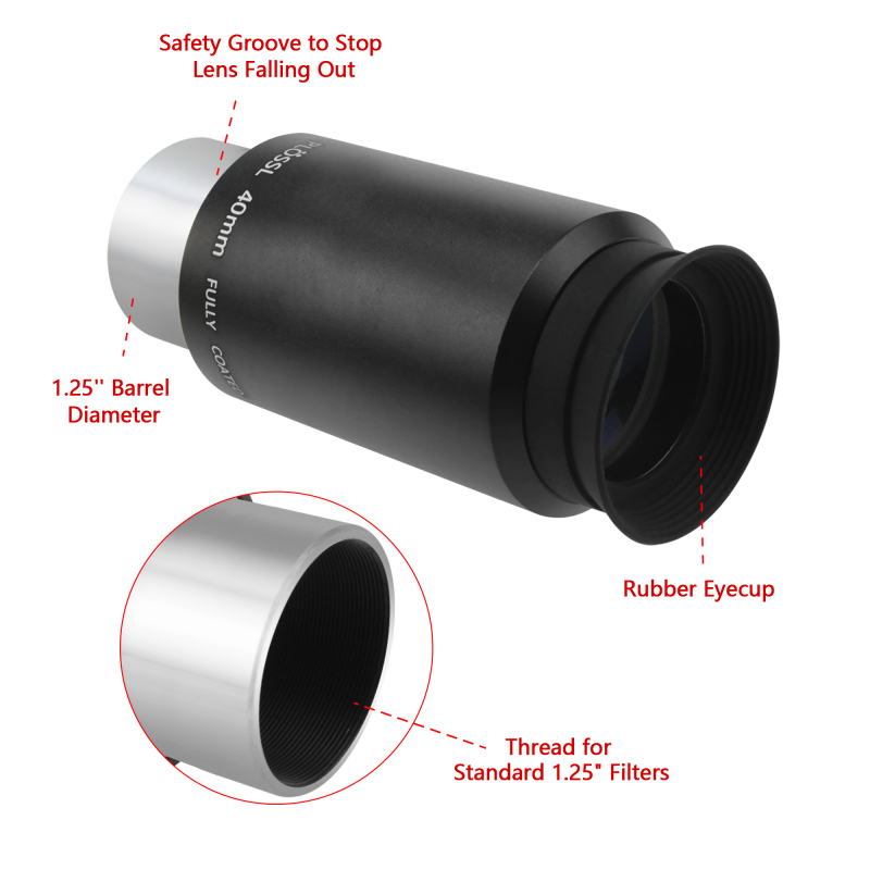 Astromania 1.25" 40mm Plossl Telescope Eyepiece - 4-element Plossl Design - Threaded for Standard 1.25inch Astronomy Filters