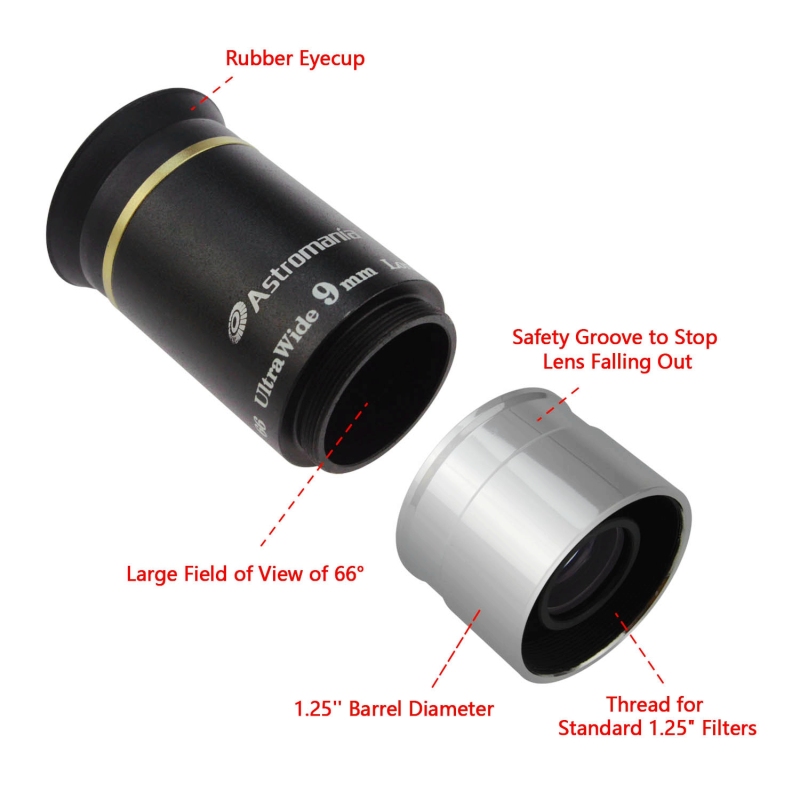 Astromania 1.25" 9mm 66-degree Ultra Wide Angle Eyepiece for Telescope