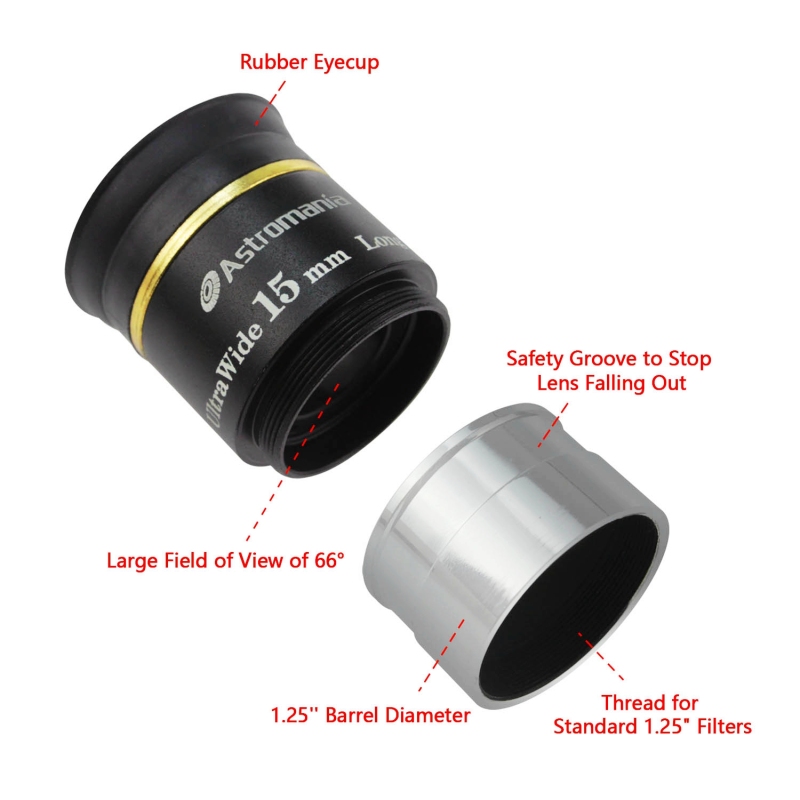 Astromania 1.25&quot; 15mm 66-degree Ultra Wide Angle Eyepiece for Telescope