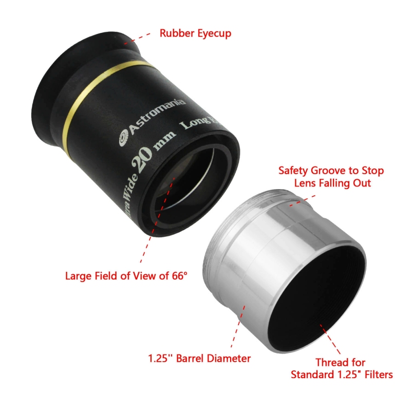 Astromania 1.25" 20mm 66-degree Ultra Wide Angle Eyepiece for Telescope