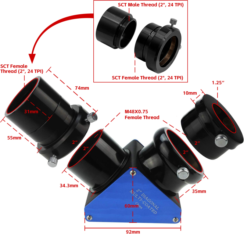 Astromania 2&quot; 90-degree 99% Enhanced Dielectric Diagonal Mirror - provide a much brighter image than with an ordinary star diagonal