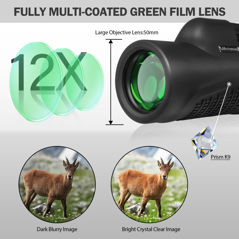 Astromania 12X50 HD K9 Prism Monocular Telescope, Waterproof, Compact Handheld Monoscope, for Bird Watching Hunting Camping Travelling Wildlife Scener