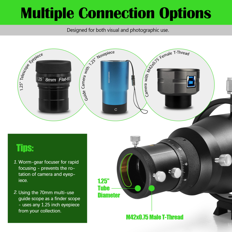 Astromania 70mm Compact Deluxe Finder &amp; Guidescope Kit with 1.25&quot; Double Helical Focuser - Guiding with the Mini-Guide Scope