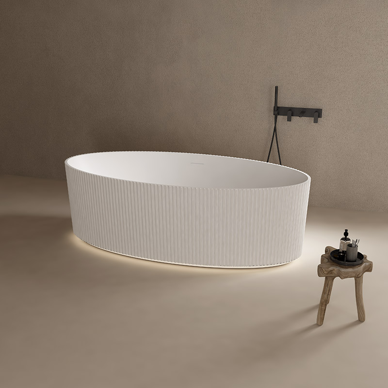 Oval Vertical line Freestanding Artificial Stone Solid Surface Bathtub With Lights TW-8687