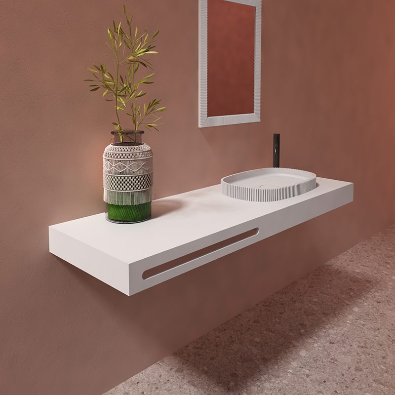 Lieferant Oval geriffelte vertikale Linie Badewanne aus Kunststein und Waschbecken mit fester Oberfläche Komplettset TW-8681-Serie