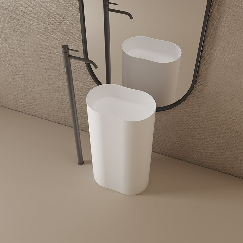 Ovale freistehende Badewanne und Waschbecken aus Kunststein, Komplettset der Serie TW-8603 des Herstellers
