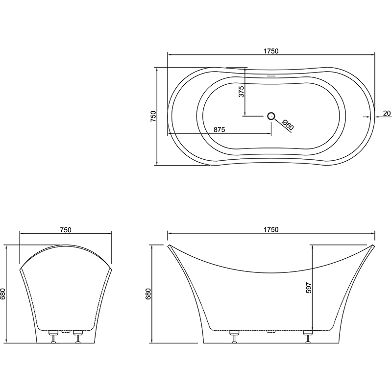 Großhandelspreis Ovale freistehende Steinharzbadewanne XA-8821