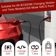 MCEVKELN Type 2 to NACS EV Charging Cable for Tesla Model 3/Y/X/S/Cybertruck - 32A Max, 7.2kw, 1Phase