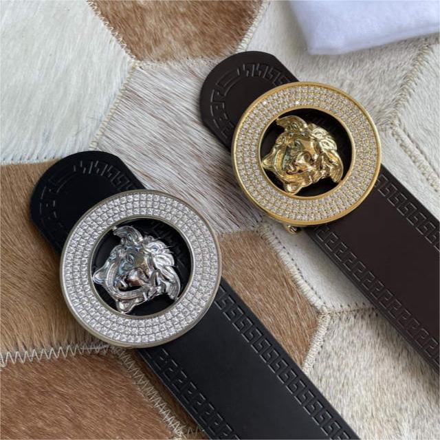 VERSACE范思哲男士镶钻黑色/咖啡双面用牛皮腰带美杜莎标志腰带精钢美杜莎金属扣3.8cm。