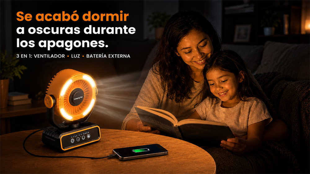 Ventilador de camping 3 en 1 con luz LED y Power Bank