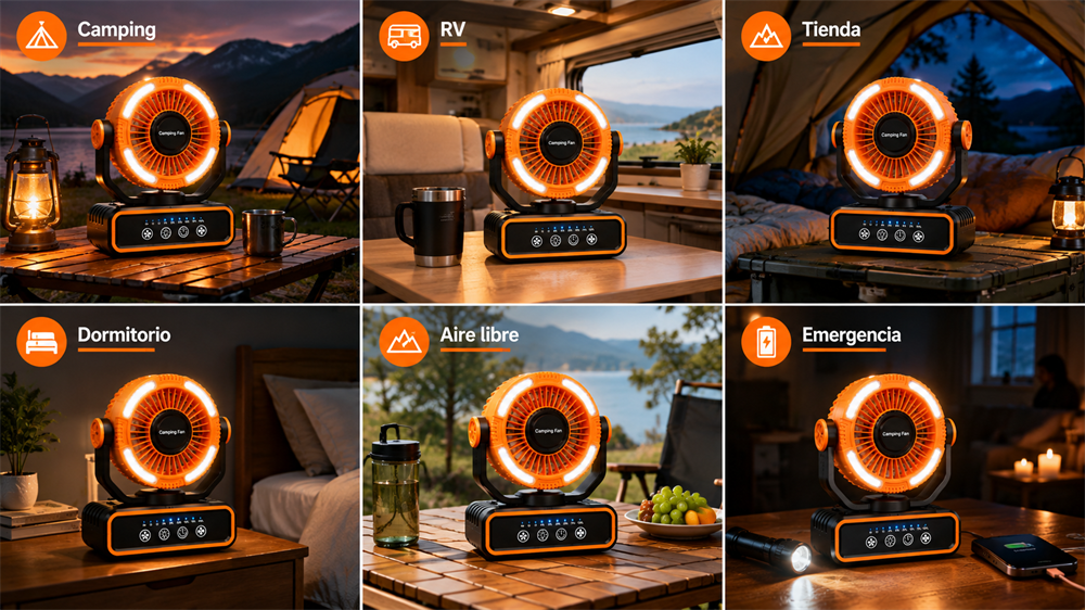 Ventilador portátil recargable para camping, RV y emergencias