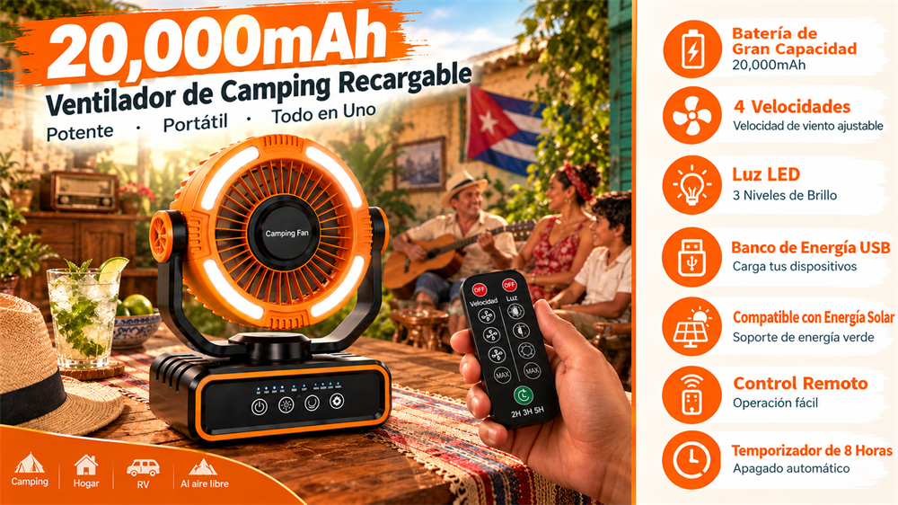Ventilador recargable de 20000mAh con ventilación, luz LED y USB