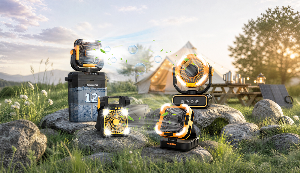 Rechargeable camping fans displayed by MEDING at Global Sources Exhibition