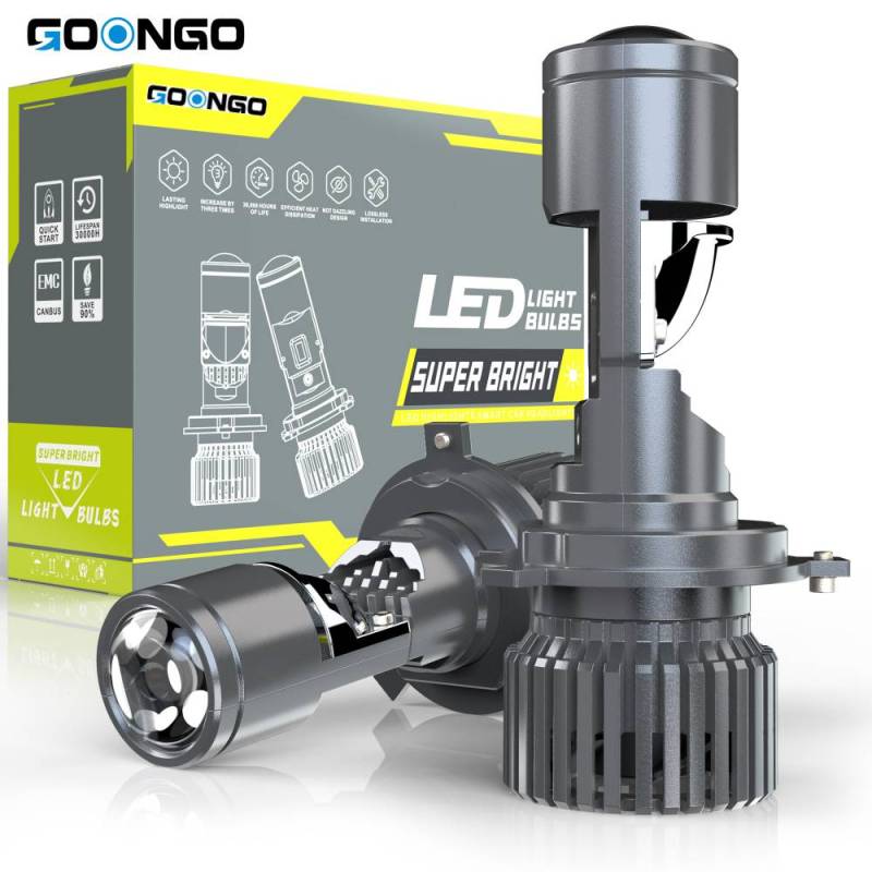 GOONGO 9003/H4 LED Headlight Bulbs Clear Cut-Off LED Lights With Mini Projector (Lens) Super Bright LED Bulbs 6500K Cool White Lamp with Fan